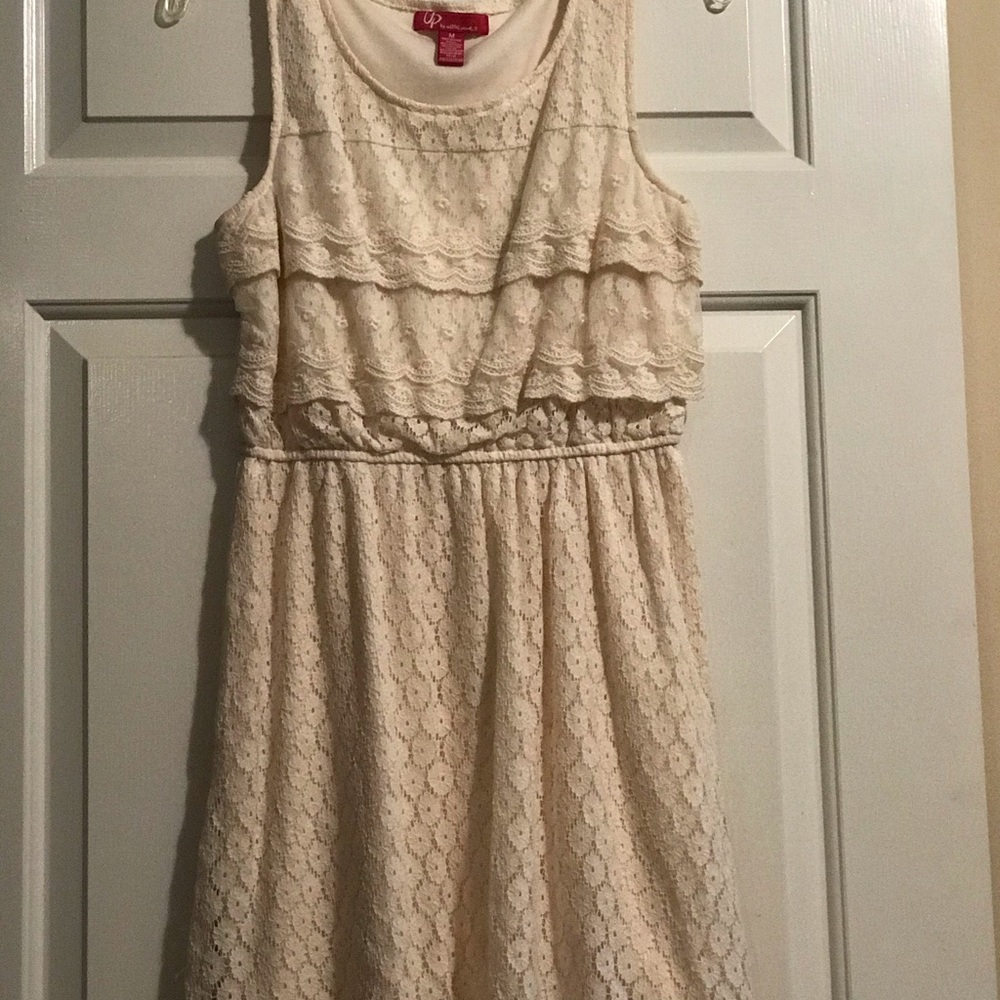 Ultra Pink length dress; cream w/lace overlay; MED